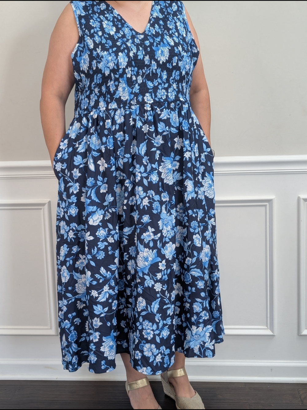 Navy & Light Blue Floral V-Neck Midi Dress with Pockets